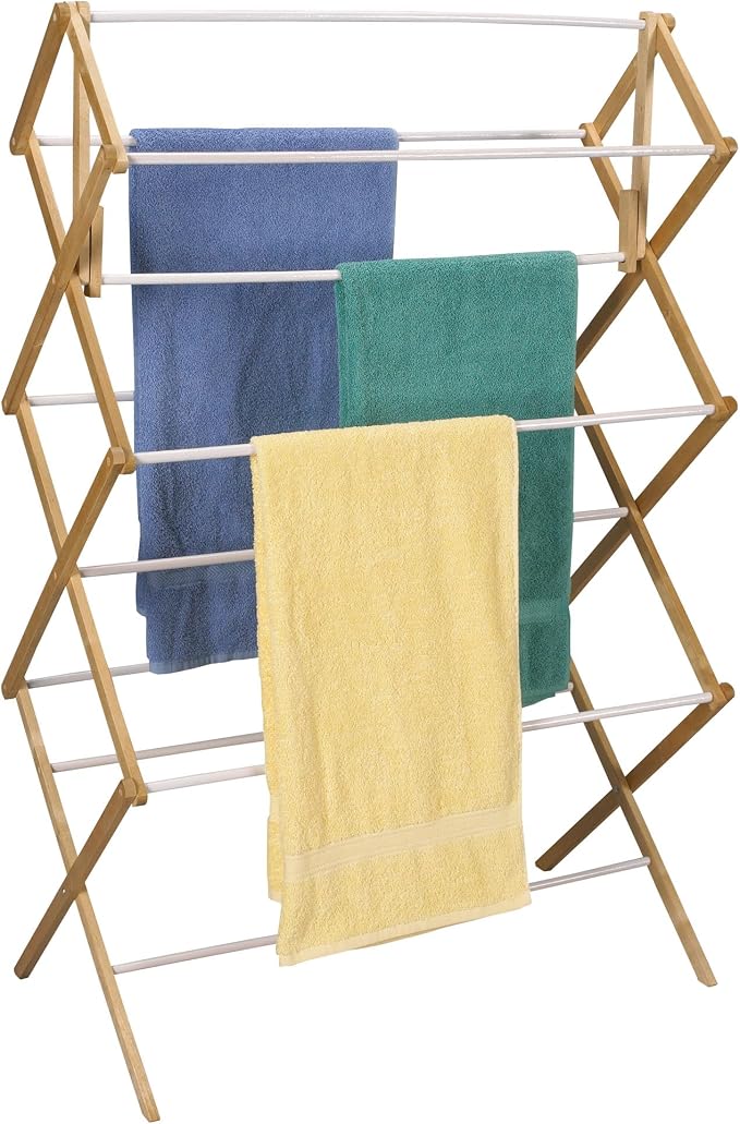 Household Essentials Folding Clothes Drying Rack, Wood Frame with Vinyl Dowels