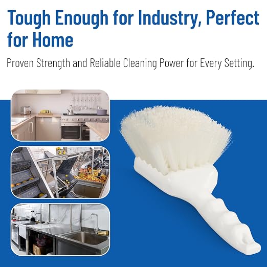 SPARTA Flo-Pac 8" Utility Scrub Brush with 2" Nylon Bristles, Plastic Pistol Grip Handle, Commercial Handheld Cleaning Brush, White