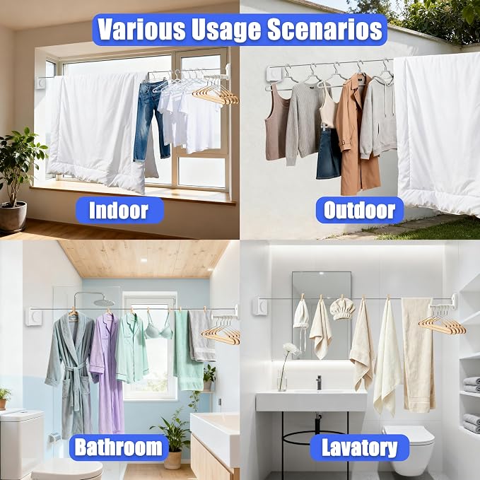 Retractable Clothesline Indoor Outdoor 17.4Ft Non-Sag Drying Rack(1, White) | Stainless Steel Heavy Duty Laundry Washing Line with Wall Mounted, Space-Saving Clothing Drying Rack with Telescoping Hanger