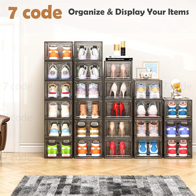 7 code Thicken & Sturdy Clear Shoe Storage Organizer with Magnetic Door, Stackable Boxes for Closet, Foldable Shoe Rack for Sneaker Boot Container, Plastic Shoe Cabinet Shoe Box 6 Pack, Black | Thick Plastic Shoe Storage for Sneakers & Boots, Collapsib...
