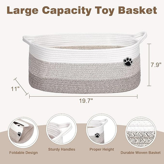 Optish Dog Toy Basket, Toy Box and Bin for Dog Cat Storage, 19.7" X 11" X 7.9" (30L) Large Woven Rope Basket for Blanket Storage, Living Room, Bedroom, White & Brown