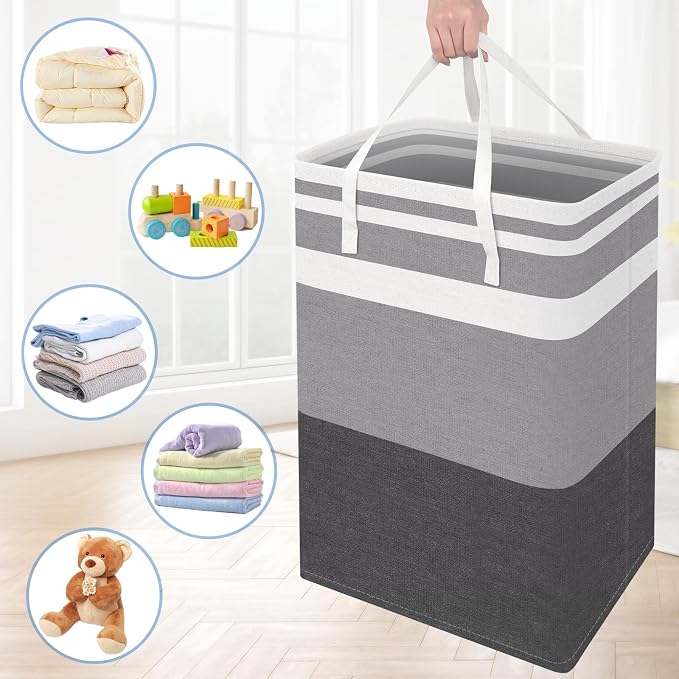 BlissTotes 3-Pack Laundry Basket, Collapsible Laundry Hamper, Grey, 100L | Laundry Clothes Hamper, Hampers for Bedroom, Freestanding Hamper with Handles, Clothes Laundry Basket