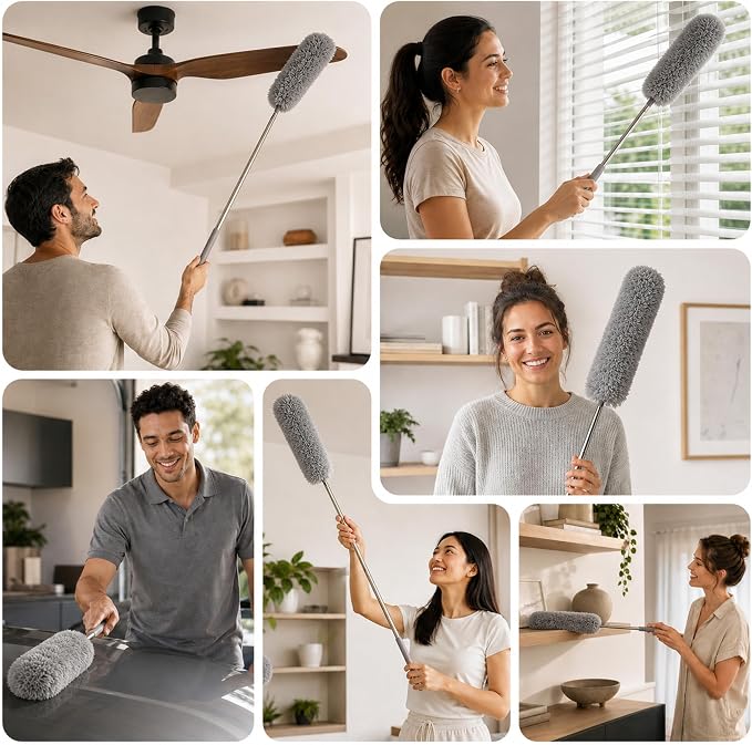 GÜTEWERK Extendable Microfiber Duster, 100 Inch - Feather Dusters for Cleaning Ceiling Fans, Blinds, Baseboards & High Ceilings - Washable, Electrostatic, 360° Bendable Head, Stainless Steel Pole