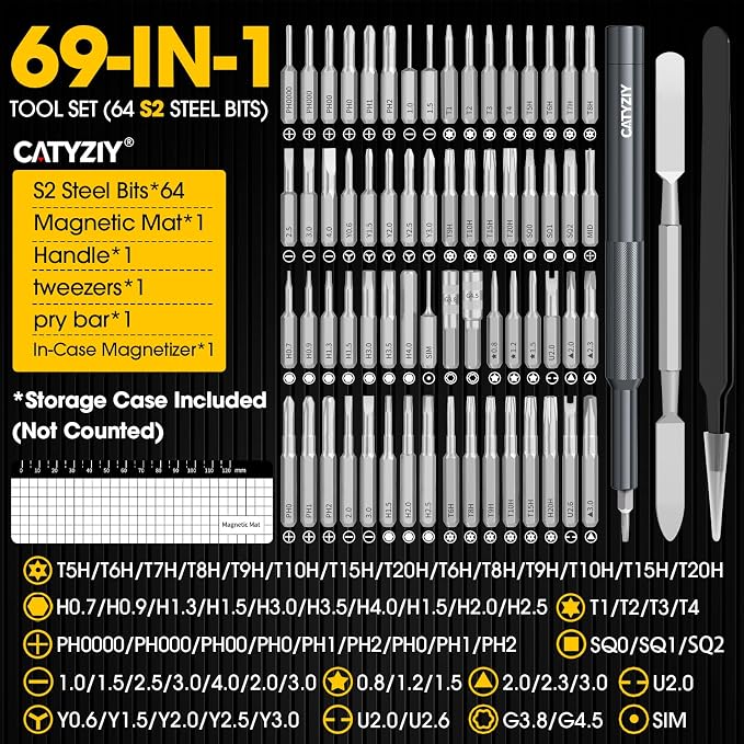 69-in-1 Precision Screwdriver Set, Magnetic Repair Kit for iPhone | Pro 64-piece S2 steel bit set. Includes mat, handle, tweezers, pry bar & magnetizer. Perfect for PC, phone & watch repairs.