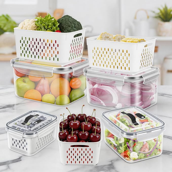 4 Pack Fridge Fruit Storage Containers with Colander, BPA Free Plastic, Airtight, with Vent Handle Stackable Refrigerator Organizer Bins for Berry, Meat, Vegetable