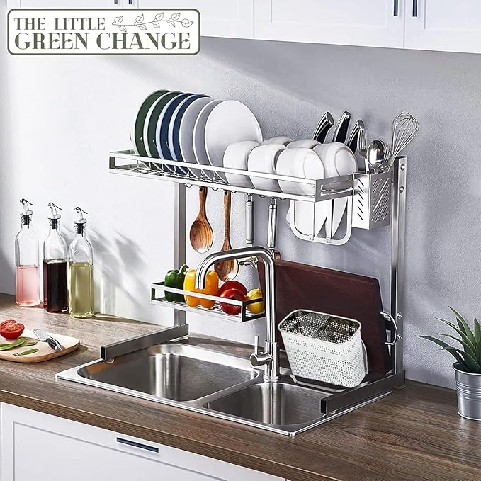 Kitchen Utensils Chopsticks Holder Drying Rack Basket with Hooks 2 Divided Compartments Quality Stainless Steel Large L5.4 X H4.3 X W2.6