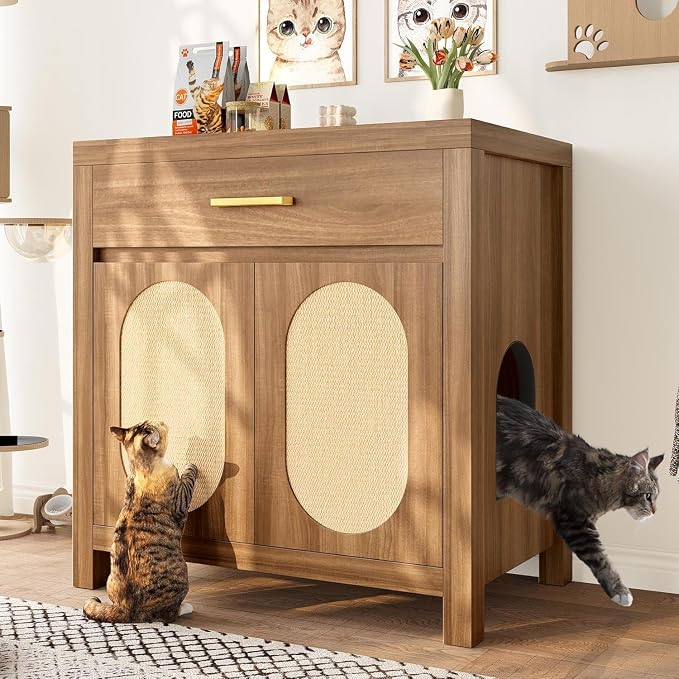 Cat Litter Box Enclosure, Hidden Litter Box Dog Proof with Sisal Scratching Board Doors and Drawer, Wooden Hidden Cat Litter Box Enclosure Furniture with Storage Drawer
