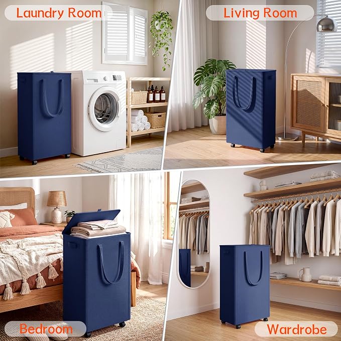 Slim Laundry Hamper with Wheels,20 Gal (75L) Rolling Laundry Basket with lid and wheels Clothes Hamper Foldable Tall Dirty Clothes Basket Sturdy Collapsible Clothes Hamper for Dorm,Laundry Room