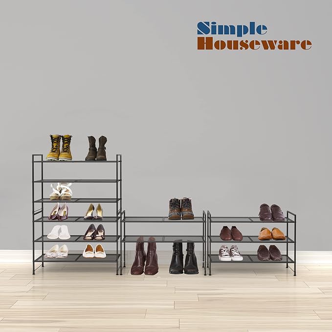 Simple Houseware 3-Tier Stackable Mesh Shoe Rack, Black | 9 Pairs of Shoes Storage Organizer for Closet, Entryway, Garage & Corridor