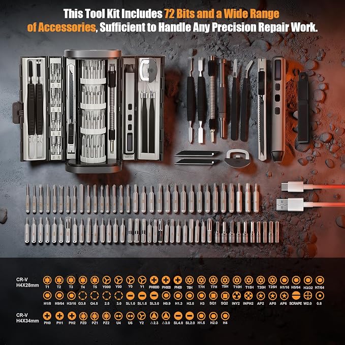 83-In-1 Mini Electric Screwdriver Set Cordless Precision Screwdriver | with 72 Drill Bits/Led Light/5 Torque Settings Multi-Purpose Precision Repair ToolSet for Phone Laptop Switch Camera Watch