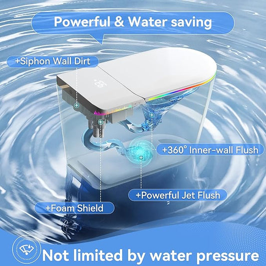 Smart Toilet with Bidet Built-in,One Piece Toilet with Foam Shield,Auto Open/Close Lid,Heated Seat,Warm Water Sprayer & Dryer,Adjustable Night Light,Auto Flush