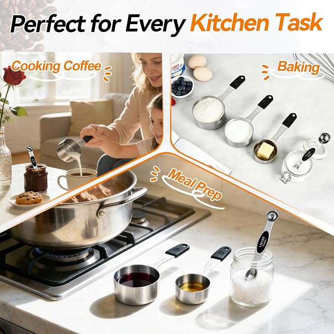 -BINGBING- Magnetic Measuring Cups and Spoons Set of 13, Stainless Steel | 5 Magnetic Cups and 8 Double-Sided Spoons with Leveler, Stackable, Kitchen Gadgets for Cooking and Baking