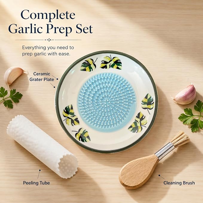 4.72" Handcrafted Ceramic Garlic Grater Plate Set - Handmade Porcelain Food Mincer with Wood Brush & Textured Silicone Peeler - Sage Green Tropical Palm Leaf Kitchen Gift