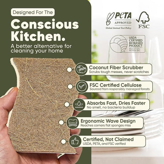 Plant-Based Kitchen Sponges (12 Pack) | USDA Biobased Certified | FSC & PETA Approved | Natural Cellulose & Coconut Scrubber Sponge | S-Shaped Design | Eco-Friendly, Non-Scratch, Non-Toxic & Vegan