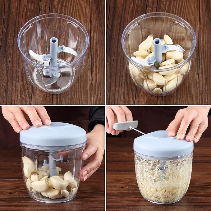 Garlic Mincer Hand Cutter - Hand Pull String Food Processor Vegetable Chopper - for Onion, Ginger, Fruits, Nuts, Herbs, Dishwasher Safe (Grey,900ml)