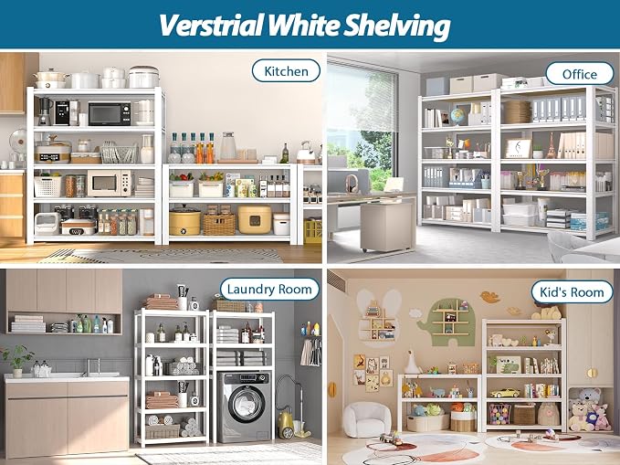 PrimeZone 5 Tier Closet Storage Shelves -White Metal Connector Shelving Unit, Adjustable Heavy Duty Garage Shelves, Utility Rack Organizer Shelf for Kitchen Pantry Closet Laundry 24" W x 16" D x 59" H