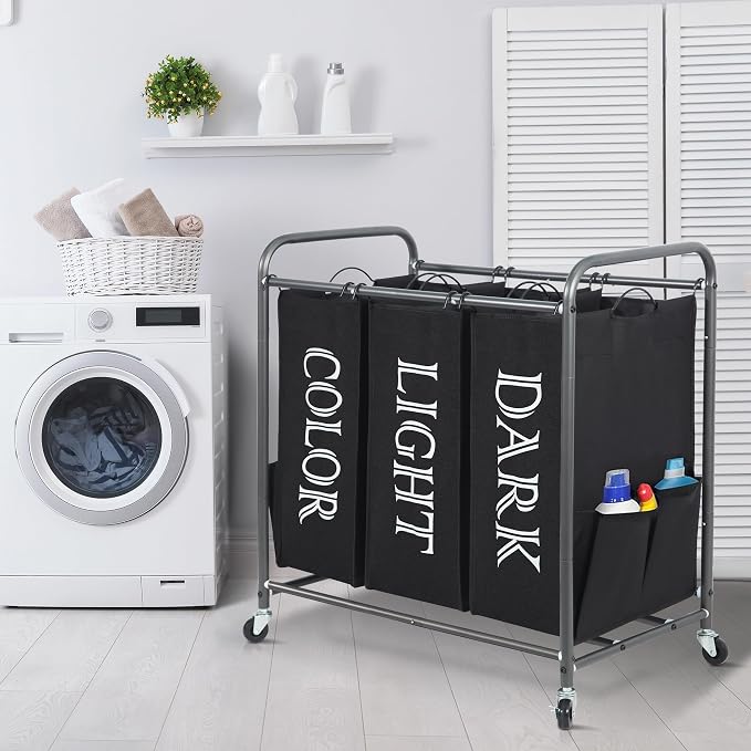 STORAGE MANIAC 3 Section Laundry Sorter, 35.6 Gal (135 L) Laundry Hamper Cart with Heavy Duty Rolling Lockable Wheels and Removable Bags, Clothes Organizer Basket Separator Hamper, Label Black