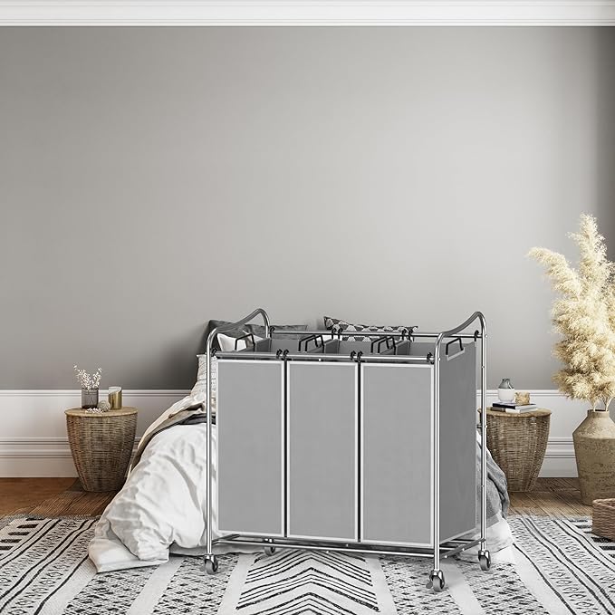 Simple Houseware Heavy Duty 3-Bag Laundry Sorter Rolling Cart, Silver | Removable Bags and Lockable Wheels for Laundry Room Organization