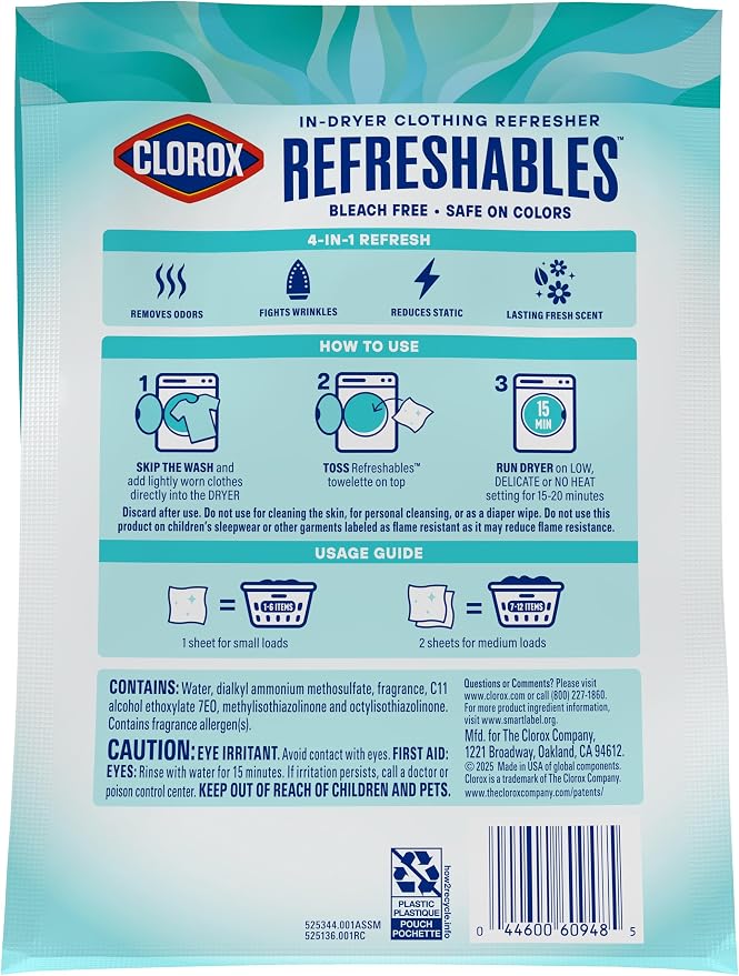 Clorox Refreshables In Dryer Clothing Refresher, Spring Fresh, 30 Towelettes