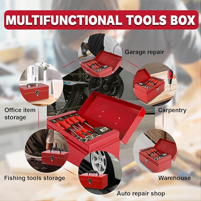 P.I.T. 12 Inch Tool Box,Portable Small Steel ToolBox with Metal Latch Closure for Household, Warehouse,Tools Storage,Red