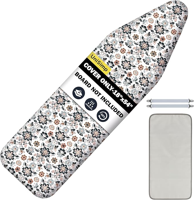 UniSimp Ironing Board Cover and Pad 18"x54" Extra Thick Natural Cotton,Scorch and Stain Resistant Iron Board Cover,Extra Large Iron Board Cover with Fasteners Heavy Duty Heatproof Elastic Edge Floral