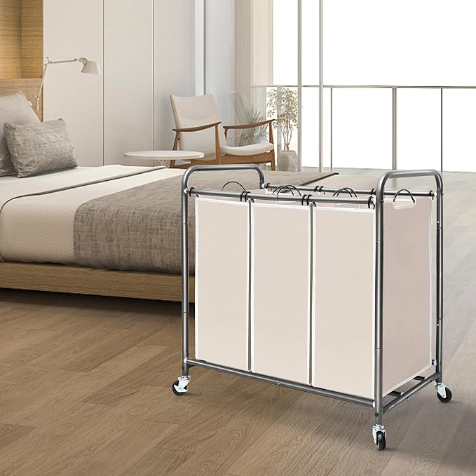 STORAGE MANIAC 3 Section Laundry Sorter, 35.6 Gal (135 L) Laundry Hamper Cart with Heavy Duty Rolling Lockable Wheels and Removable Bags, Clothes Organizer Basket Separator Hamper, Beige