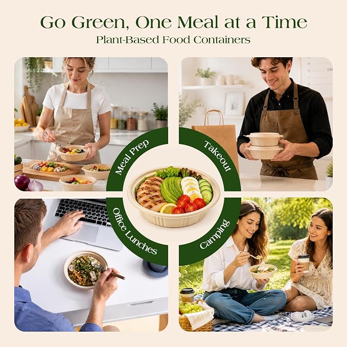 100 Piece (50 Pack) Meal Prep Bowl Containers with Lids, Cornstarch Round Food Containers for Lunch Salad Deli Soup, BPA Free Plant-based Take Out Containers Microwave & Freezer Safe, 16 oz
