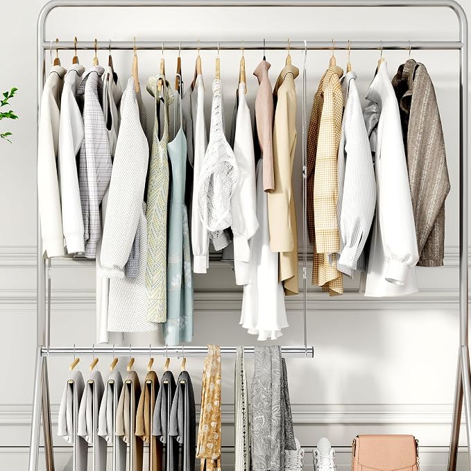 STORAGE MANIAC Hanging Closet Rod, Adjustable Width and Height Closet Hanging Organizer, Space-Saving Clothes Hanging Bar, Closet Extender Hanging Rod Double Closet Hanging Rod, 1 Pack Chrome