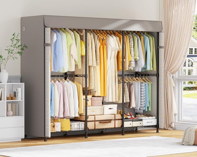ULIFHOME E14C Pro Heavy Duty Closet Organizer System (Brand Custom) | Freestanding Adjustable Garment Racks for Hanging Clothes,69"W × 16"D × 77"H Max 960lbs,Black Rack with Classic Pattern Cover