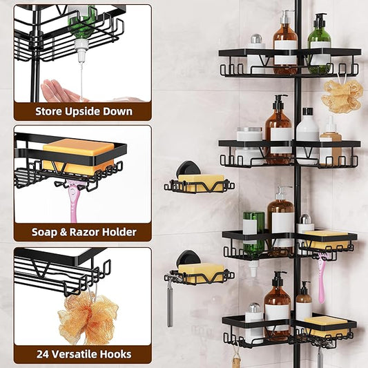 KEGII Shower Caddy Tension Pole, Rustproof Adjustable Corner Shower Organizer with 2 Suction Soap Holder, No-Drill Bathroom Storage Rack, Fits 25–114.2 Inch, Black