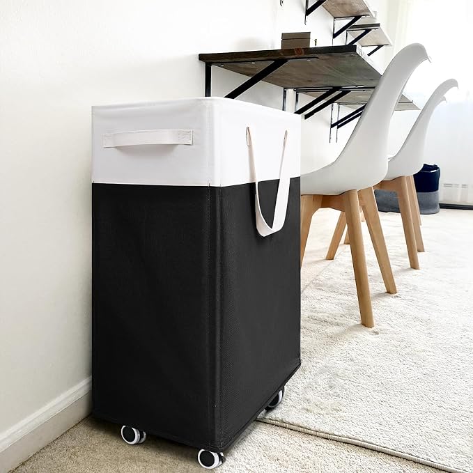 Goodpick 75L Rolling Laundry Basket with Wash Bag, Laundry Hamper for Dorm | Laundry Hamper with Wheels & Handles for Dirty Clothes, Clothes Hamper, Dorm Room Essentials, Black & White
