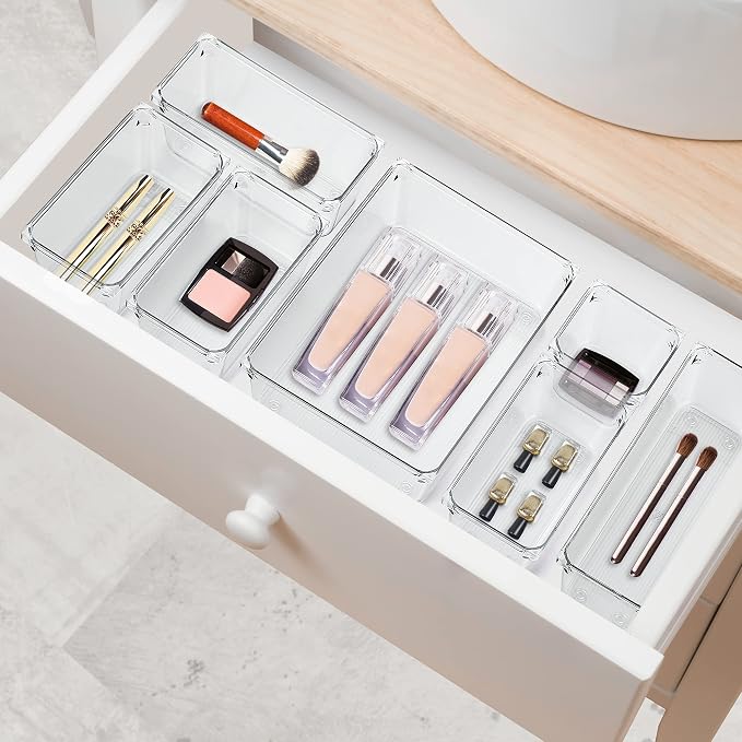 Ravinte 6 Pack Drawer Organizer, 3" x 9" Plastic Storage Bins | Acrylic Tray Design, Non-Slip Pads, For Makeup, Jewelry, Kitchen Utensils, Bathroom, Office Storage