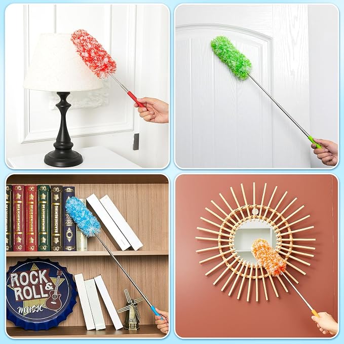 Tanlade 24 Pcs Microfiber Feather Duster for Cleaning, Extendable 13-31 Inch Ceiling Fan Duster with Bendable Head, Washable Tools for Ceiling Fans, Furniture, Car, Cobwebs (Bright Color)
