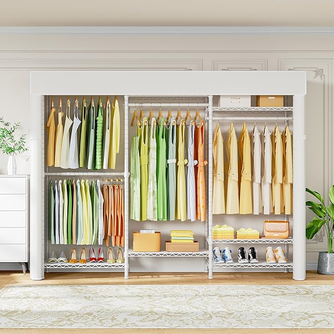 Ulif E13C Heavy Duty Closet Organizer System,Freestanding Clothing Racks for Hanging Clothes,Adjustable Garment Rack 63" W x 16" D x 77" H Hold 960 lbs,White Clothing Rack with White Dustproof Cover