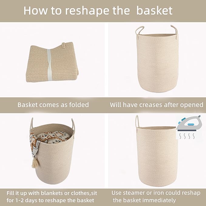 Woven Cotton Rope Laundry Basket, 15" x 20" Laundry Hamper, Oatmeal | Rope storage basket for dirty clothes, toys and blankets. Perfect for bathroom, baby nursery and living room storage.