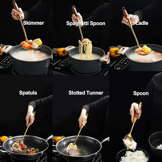 Gold Kitchen Utensils Set, 9 PCS Stainless Steel Cooking Utensils with Wood Handle, Solid and Slotted Spoon, Fork, Spatula, Ladle, Skimmer, Slotted Tunner, Spaghetti and Large Spoon