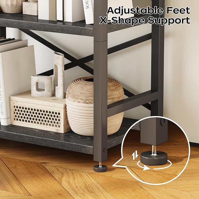 Homeiju Organization and Storage,Tall Bookcase with Shelves, Wood and Metal Book Shelf Storage Organizer, Industrial Display Standing Shelf Unit for Bedroom, Living Room, Black