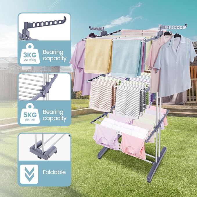 Heavy Duty Clothes Drying Rack, 4-Tier Foldable Laundry Drying Rack 70" Tall, Freestanding Stainless Steel Drying Rack with Collapsible Base & 24 Hanging Rods for Clothing, Bed Linens, Towels - Gray
