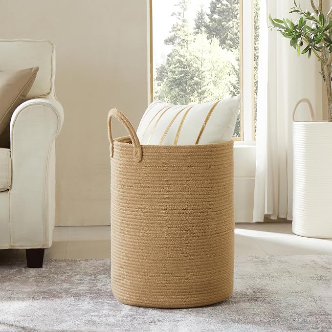 Jute Woven Hamper Laundry Basket Tall Wicker Hamper 60L Large | Rope Clothes Hamper Rattan Blanket Basket in Living Room Bedroom Baby Kids Hamper 15Dx20H Inches