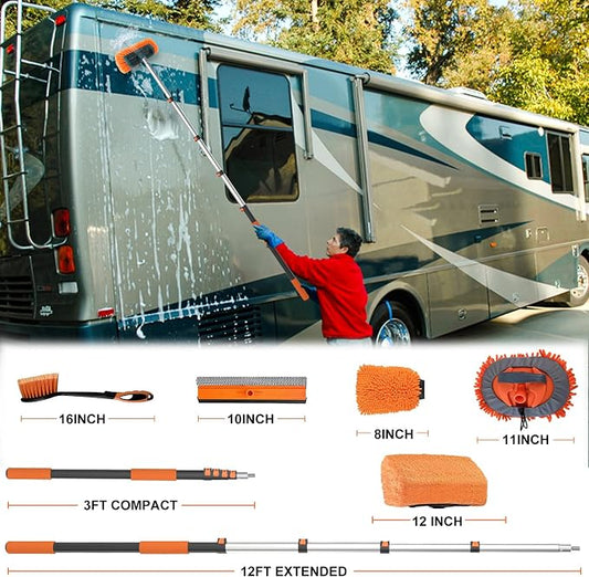 Buyplus 18FT Reach Car Wash Brush with Long Handle - Car Cleaning Kit with 3-12FT Extension Pole, Wheel Brush, Microfiber Cleaning Mop, Mitt, Window Squeegee for RV Truck SUV Boat Solar Pane Washing