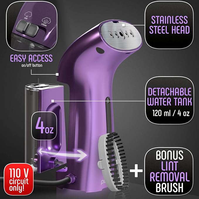 Portable Travel Garment Steamer for Clothes, Metal Steam Head, 25s Heat Up, Pump System, Mini Size, Handheld Steamer for Any Fabrics, No Water Spitting, 120V