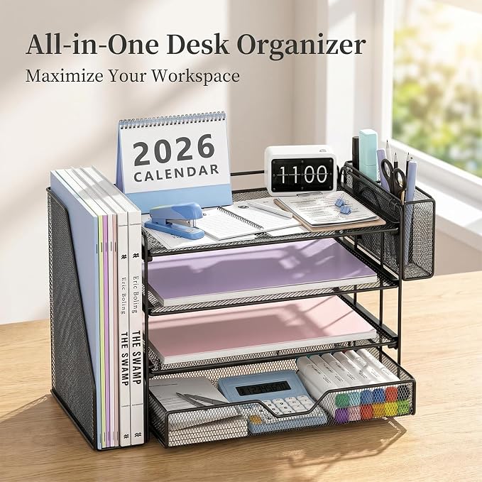 OPNICE Desk Organizer, 4-Tier Desktop File Organizer with Drawer and Pen Holders, Office Desk Accessories, File Sorters, Workspace Organizers for Office Supplies(Black - Metal Pen Holder)