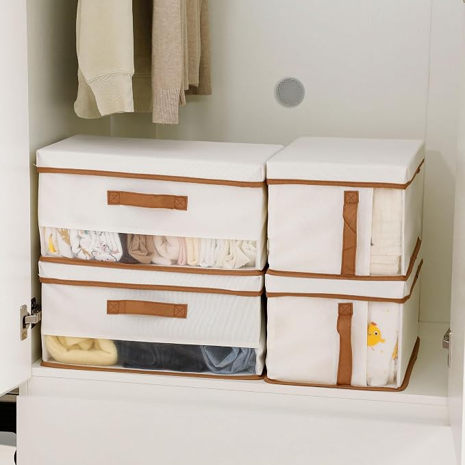 Closet Organizer and Storage, Large Oxford Fabric Storage Bins with Lid and Handle, Foldable and Stackable Baskets for Clothes, Towels, Nursery, Toys, Beige, 6 Pack