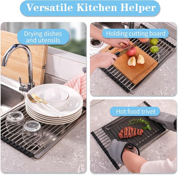 Seropy Roll Up Dish Drying Rack Over The Sink for Kitchen Sink Drying Rack Folding Dish Drainer Mat Rolling Dish Rack Sink Rack Stainless Steel Kitchen Dry Rack Black 17.5x15.7 Inch