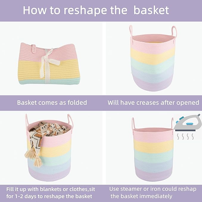 XUANGUO Rope Laundry Basket Hamper for Kids Girl, rainbow | Woven Storage Basket for Living Room Bedroom Boho Tall Baskets for Blanket Toys Pillow Towels Baby Nursery Hamper Bin