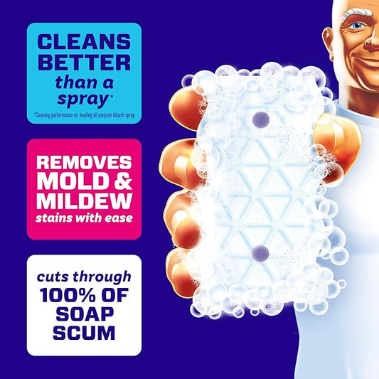 Mr. Clean Magic Eraser Sponge, Bathroom, Shower & Tub Cleaner, Soap Scum Remover, Bathroom Cleaning Supplies, Dawn Cleaning Power with Febreze Lavender Scent, 2 in 1 Bath, 7ct (Pack of 4)