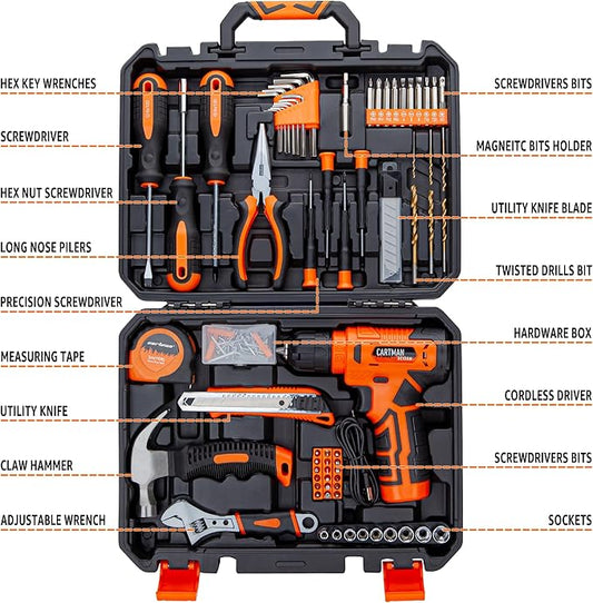 CARTMAN 150-Piece Household Tool Set with 8V Cordless Drill Driver Kit, Complete Hand Tool Set for Home Maintenance, DIY Projects, Orange