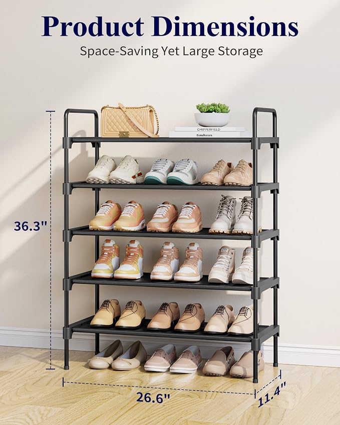 Kitsure Shoe Rack, 26.6" Wide Shoe Organizer, 5 Tiers, Black | Closet, Front Door Entrance, Entryway, Stackable & Detachable Shelf, Closet Organizers and Storage