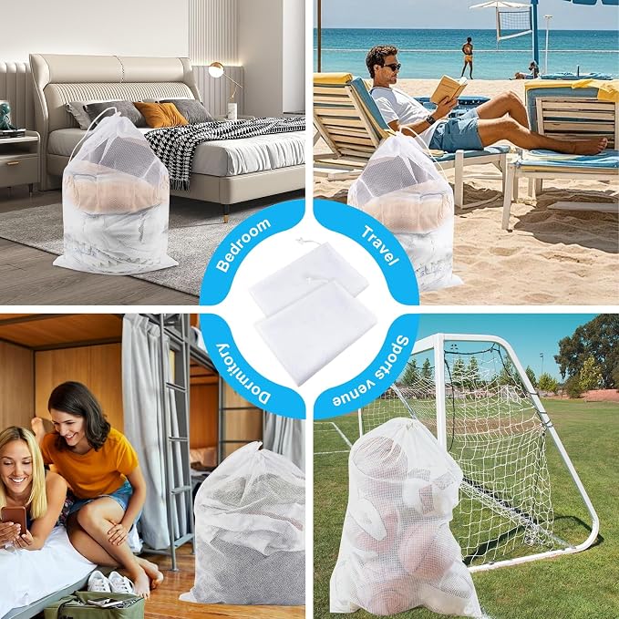 2 Pack Large Mesh Laundry Bags, 24" x 36" Heavy Duty Strong | Drawstring Dirty Clothes Bag, with Soft Breathable Net, Machine Washable, For College, Dorm, Camp, Travel & Family Use(White)