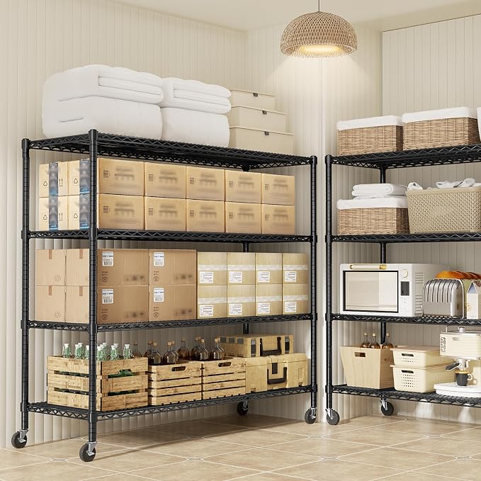 ROOMTEC 4-Tier Rolling Garage Shelving, 60"L*24"W*72"H, Max Loads 3200LBS | Wire Shelves with Wheels, Storage Rack Heavy Duty, Adjustable Metal Industrial Shelf for Kitchen,Pantry,Warehouse,Basement